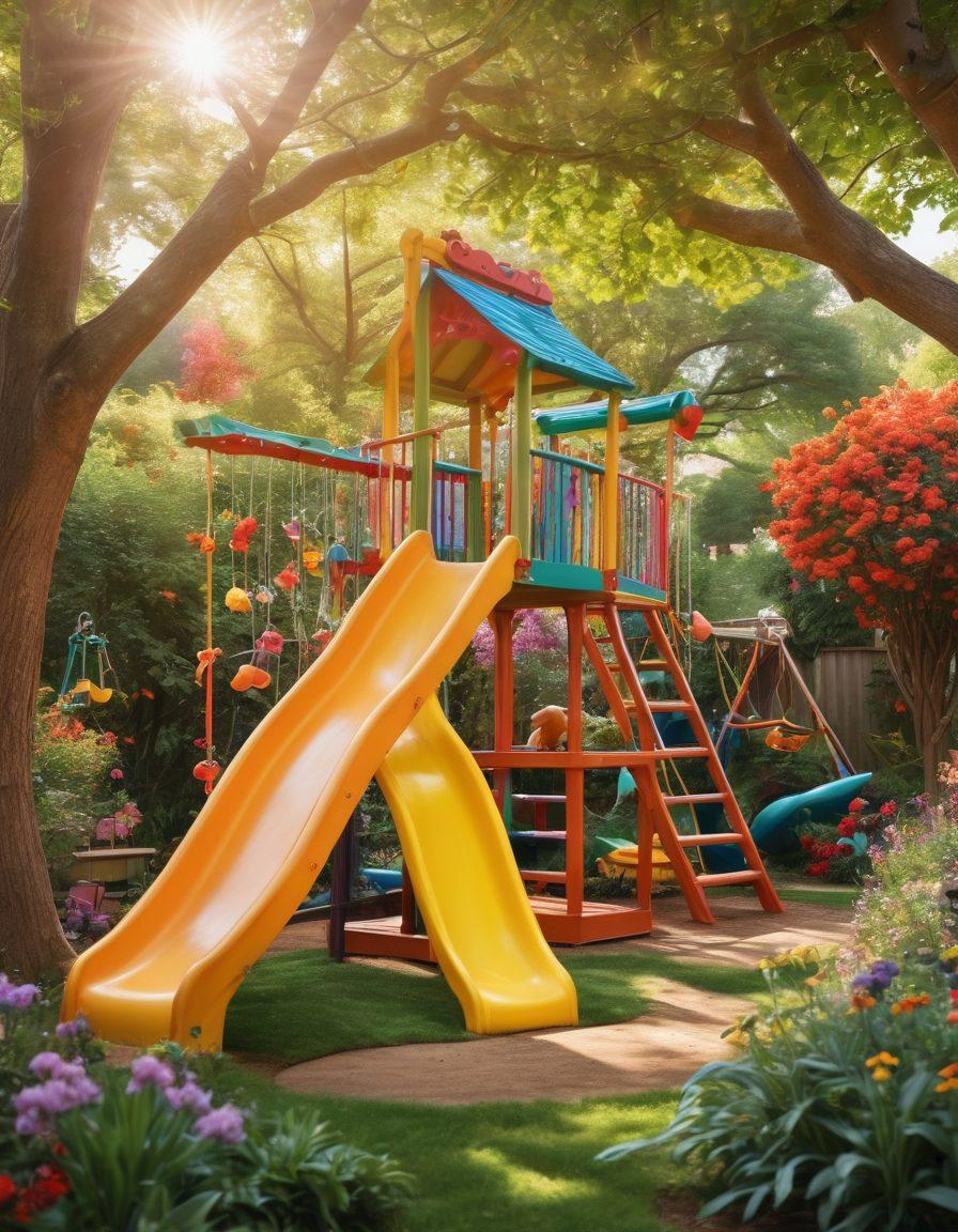 A vibrant scene depicting children playing joyfully in a colorful garden filled with flowers and playful outdoor equipment like slides and swings, transitioning to an inviting indoor space with cozy play areas featuring toys, art supplies, and a whimsical climbing structure. Sunlight filters through the trees, creating a cheerful atmosphere that highlights the joy of playtime. super-realistic. vibrant colors. soft focus.
