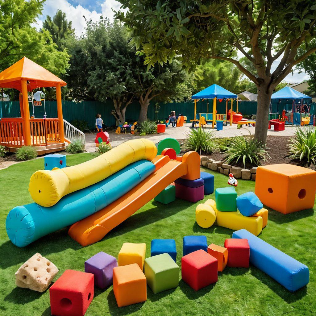 A vibrant playground filled with an array of colorful, imaginative toys catering to different senses—soft plush toys, musical instruments, and interactive blocks. Children of diverse backgrounds joyfully engage with the toys, showcasing their creativity and delight. The setting is bright and inviting, with lush greenery surrounding the area and playful patterns on the ground. super-realistic. vibrant colors. playful atmosphere.