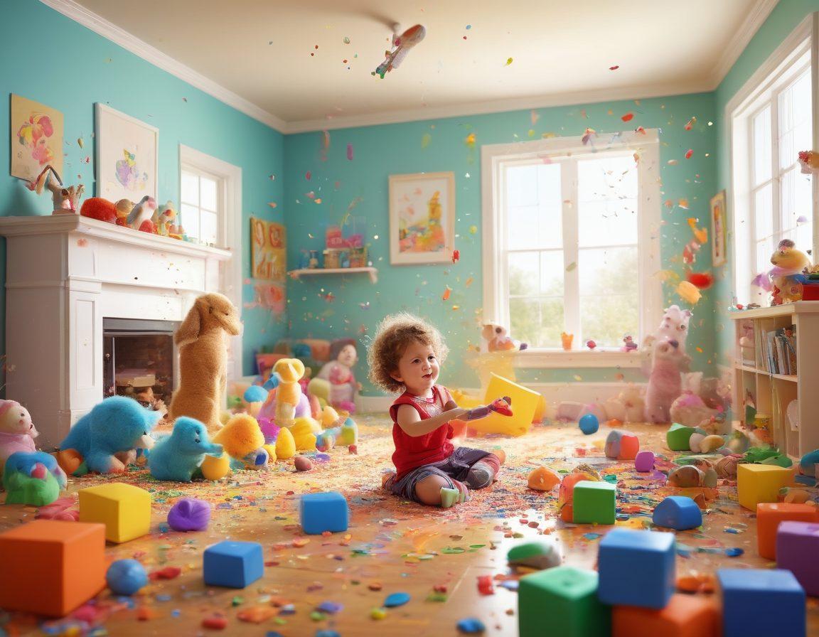 A vibrant and chaotic scene showcasing children playing joyfully with an array of colorful, whimsical toys scattered around. Include stuffed animals, building blocks, and art supplies, with splashes of paint and confetti in the air. Capture the essence of happiness and creativity in the expressions of the kids, surrounded by a sunny, inviting background. playful illustration. bright colors. cartoon style.